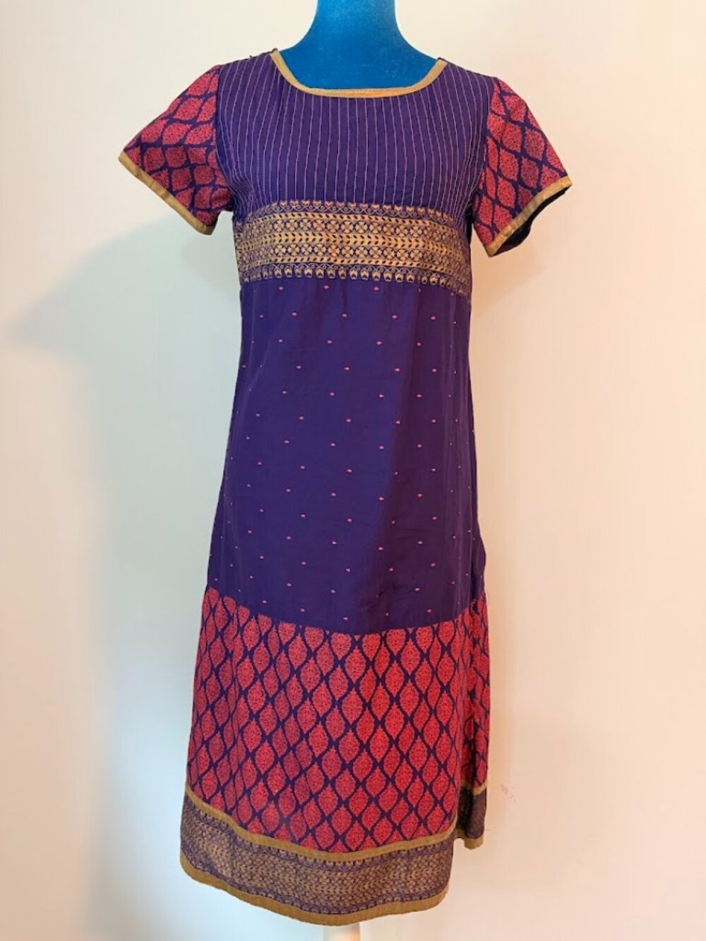 Purple Cotton Dress Pink Gold Print Short Sleeve